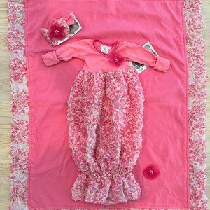 NWT - Bébémonde Pink Rosette Layette Gown, Blanket & Headband *Bundle